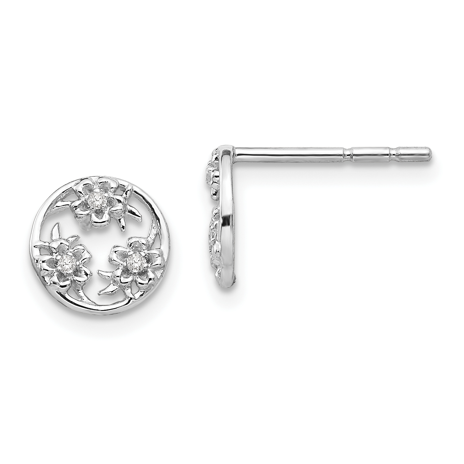 925 Sterling Silver Rhodium-Plated Diamond Flower Post Earrings